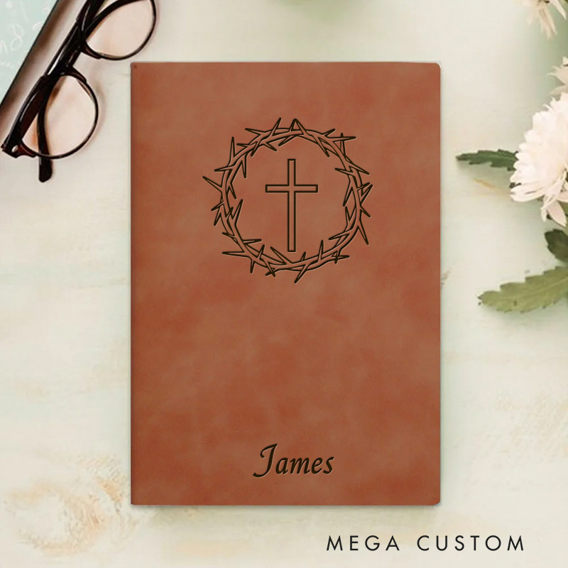 Personalized Cross and Thorns Journal Leather A5 Notebook with Name Religious Prayer Notebook Birthday Easter Christmas Gift for Christians