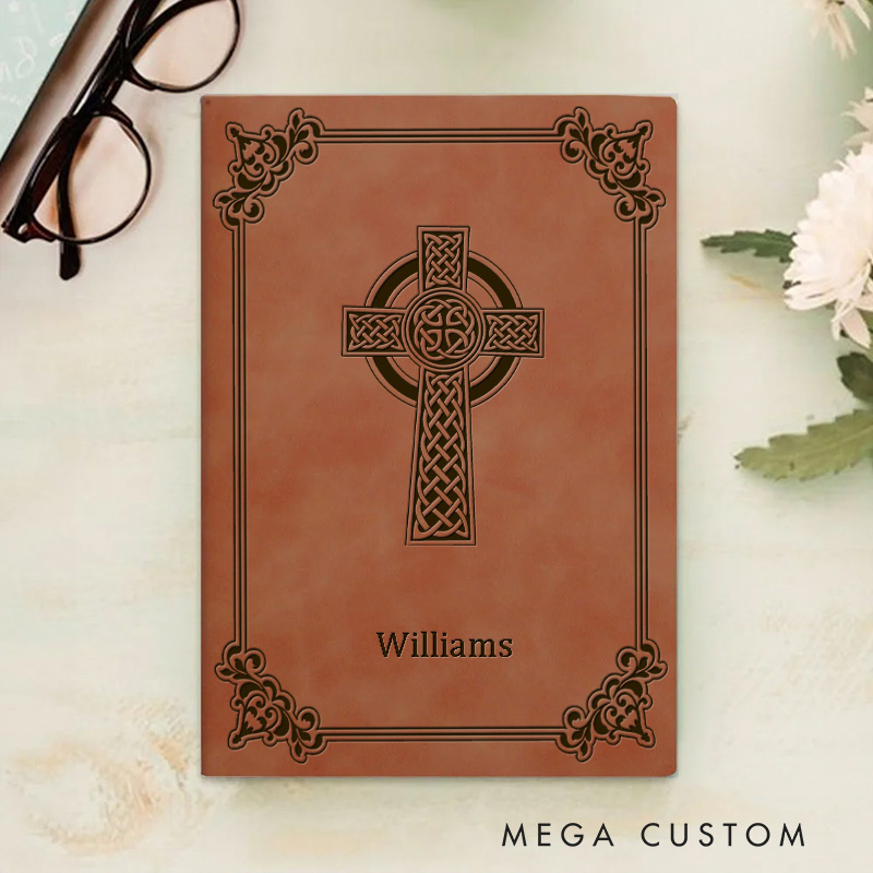 Personalized Celtic Cross with Elegant Decorative Border Prayer Journal Leather A5 Notebook with Name Religious Gift for Christians