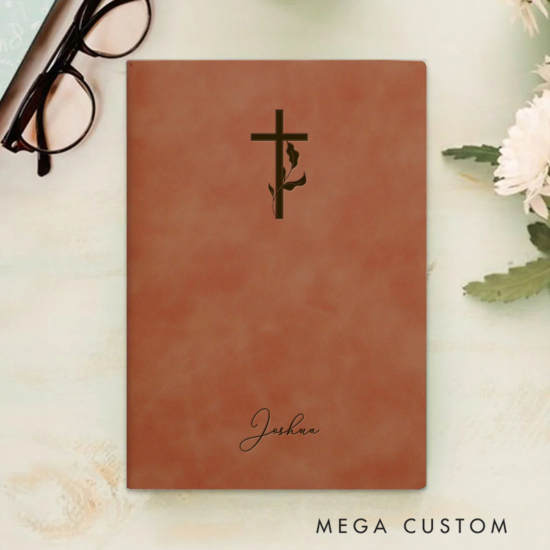 Personalized Cross with Leaves Prayer Journal A5 Leather Notebook with Name Religious Journal for Men Women Birthday Easter Christmas Gift for Christians