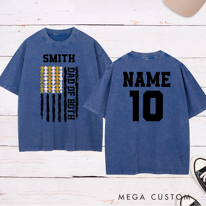 Personalized Dad of Both Washed  T-Shirt with Custom Name and Dual Sports Design Perfect Gift for Proud Softball and Baseball Dads