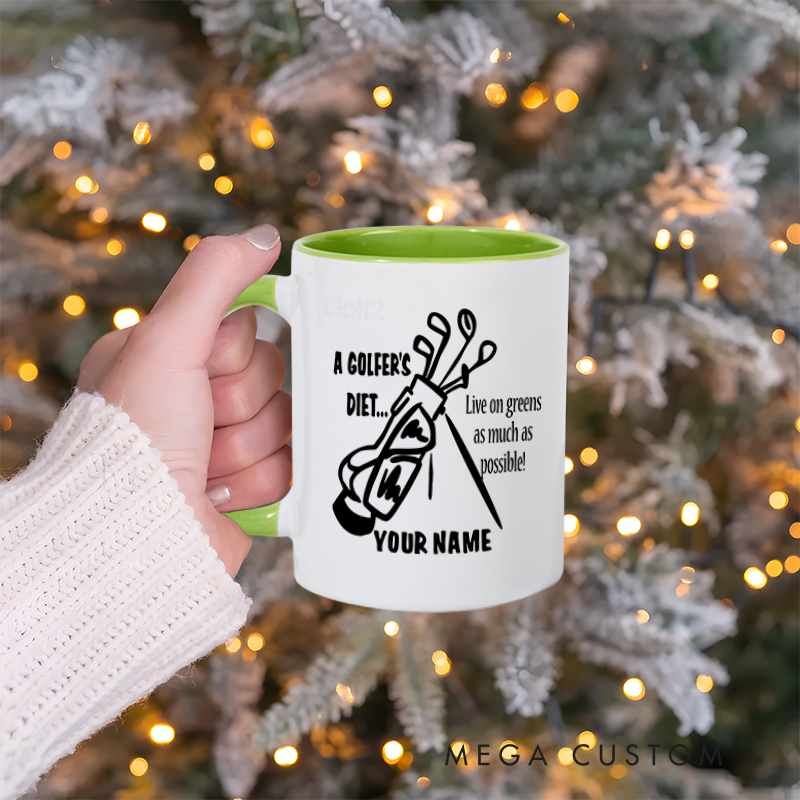 Personalized Golf Mug with Custom Name A Golfer's Diet Live on Greens Design Durable Ceramic Two Tone Handle