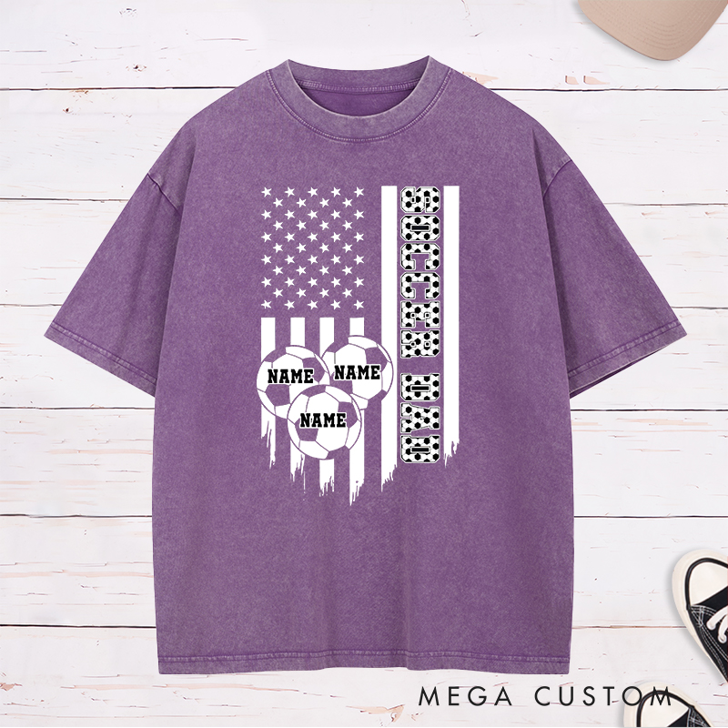 Personalized Soccer Dad Washed T-Shirt with American Flag and Custom Name