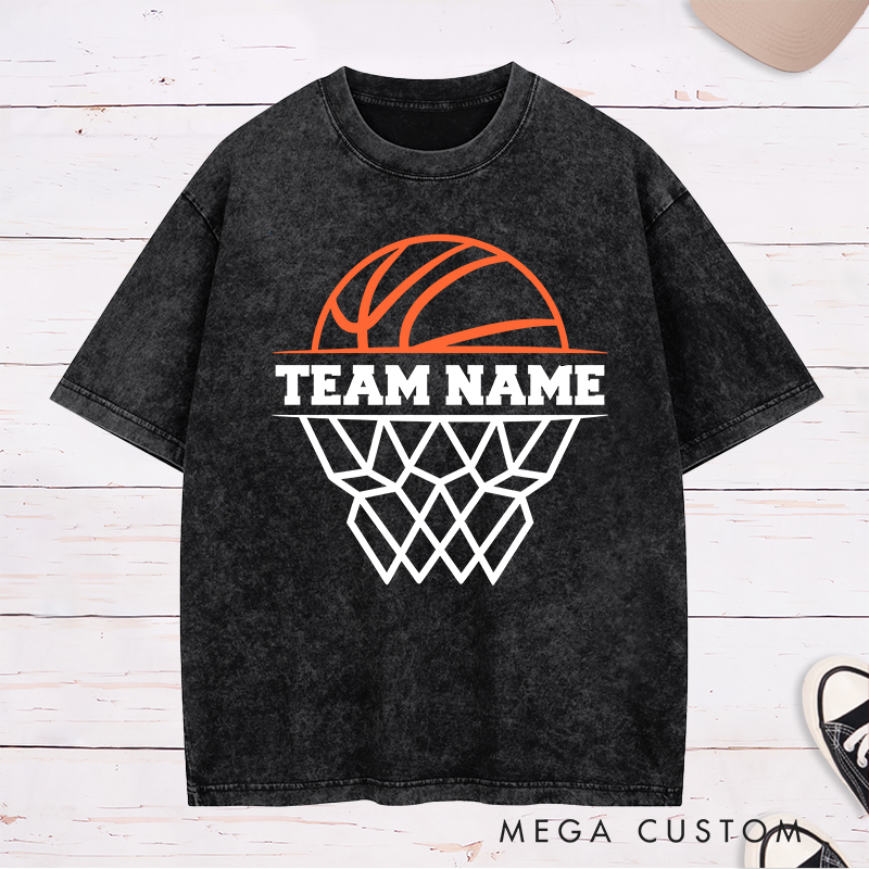 Personalized Basketball Team Washed T-Shirt Design Featuring Custom Team Name with Bold Hoop and Ball Graphic