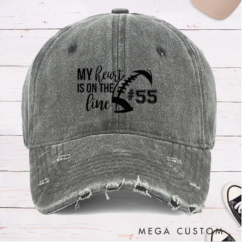 Personalized American Football Cap for "My Heart is on the Line" with Custom Jersey Number