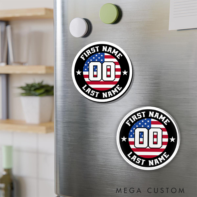 Personalized Patriotic Sports Fridge Magnet with Custom Name and Number  
