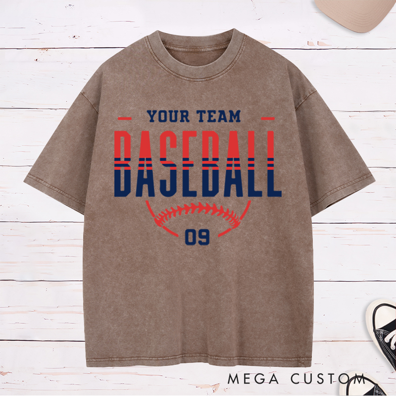 Personalized Game Day Washed T-Shirt with Team Name Number and Stylish Baseball Graphic