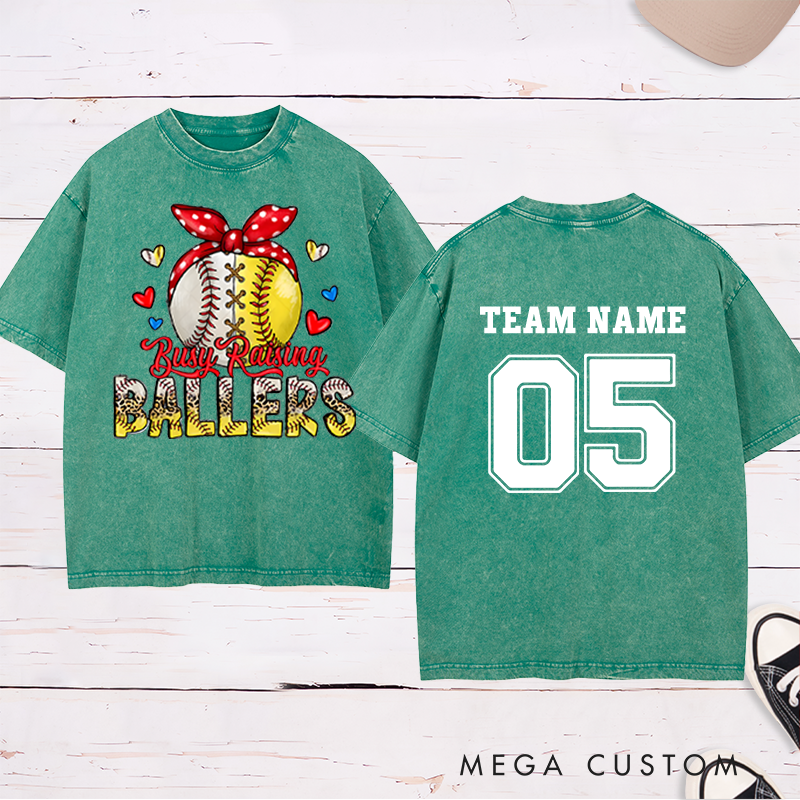Personalized "Busy Raising Ballers" Washed T-Shirt with Custom Name and Number   