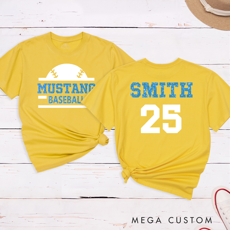 Personalized baseball T-shirt featuring a custom name and number designed for players and fans