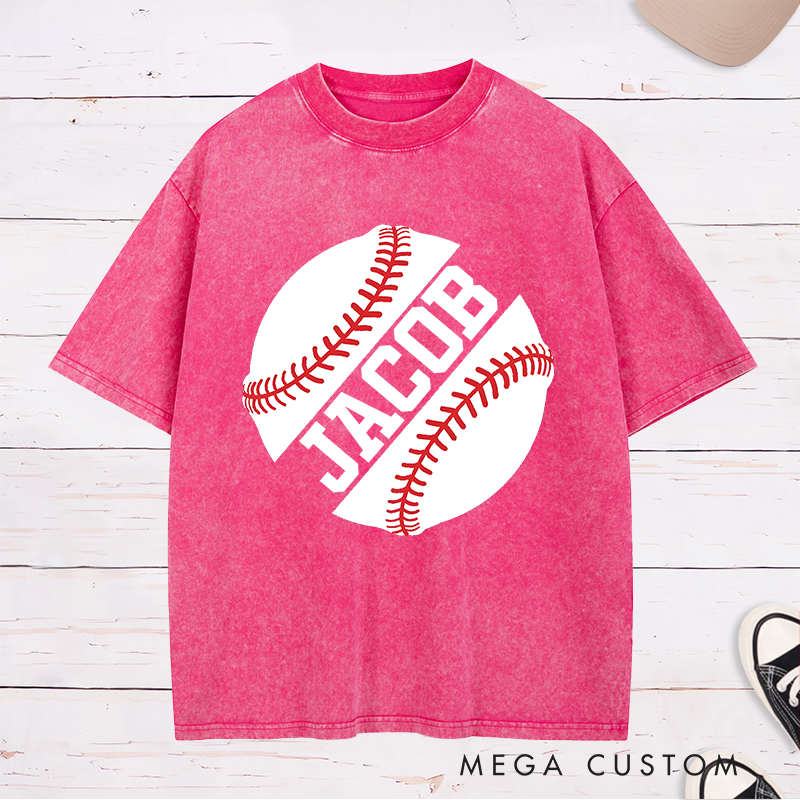 Personalized Game Day Washed T-Shirt with Striking Half Baseball Art and Custom Text