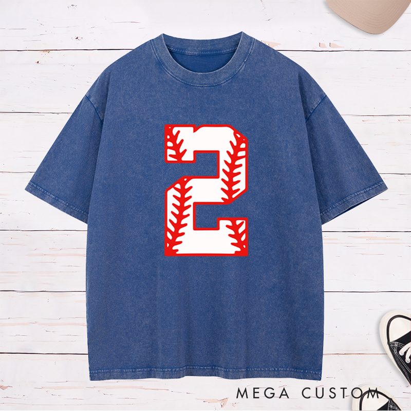 Personalized Athletic Washed T-Shirt with Bold Baseball Stitch Number Graphic