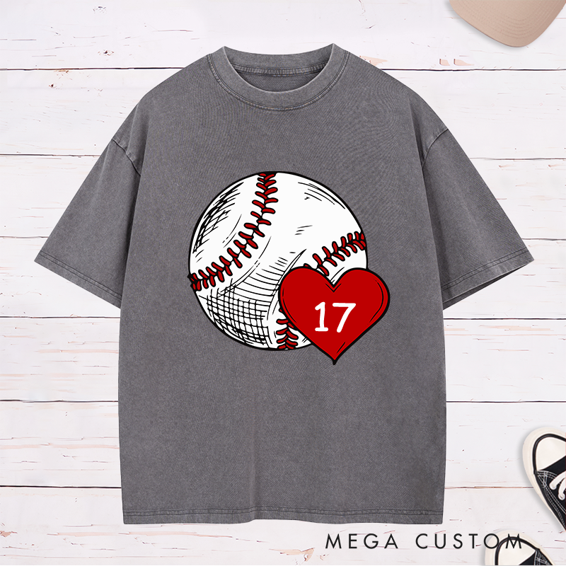 Personalized Baseball Fan Washed T-Shirts with Heart and Number Graphic for a Loving Touch
