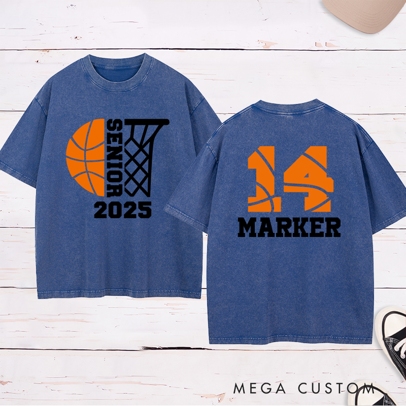 Personalized Washed T-Shirt Design Featuring Customizable Year Basketball Theme with Custom Name and Number for a Sporty Graduation Style