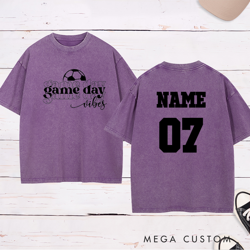 Personalized Game Day Vibes Washed T-Shirt Featuring Layered Typography and Custom Name and Number