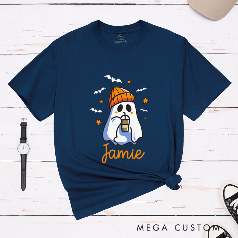 Personalized Coffee-Drinking Ghost Couple Halloween Funny Matching T-Shirt