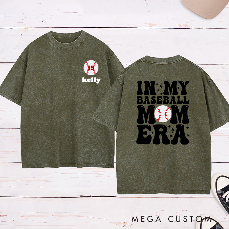 Personalized "In My Baseball Mom Era" Washed T-Shirt Custom Name & Number