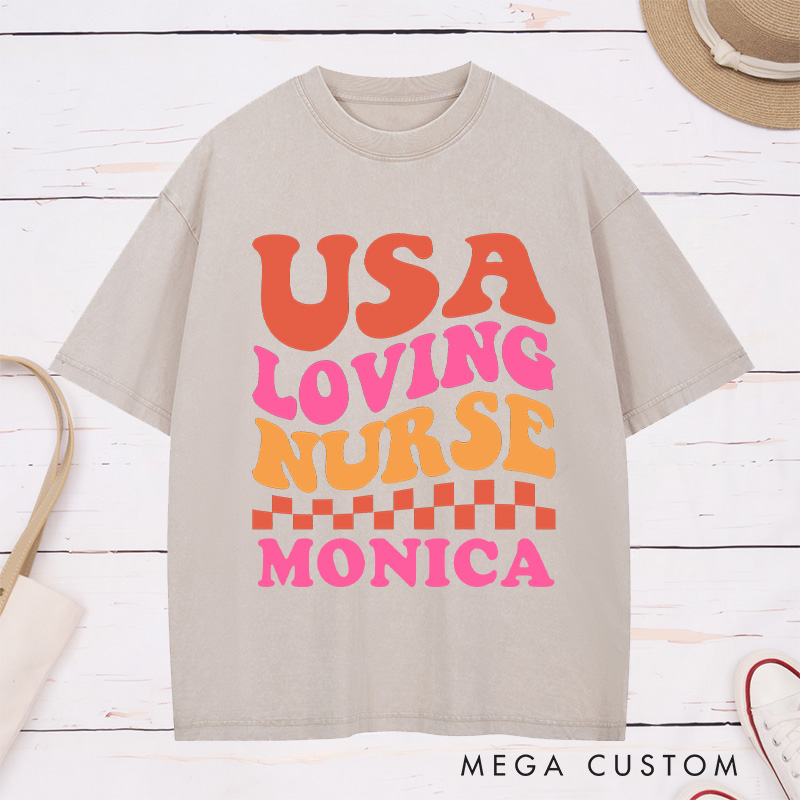 Personalized Nurse Washed T-Shirt Customized USA Loving Nurse Design Washed T-Shirt 