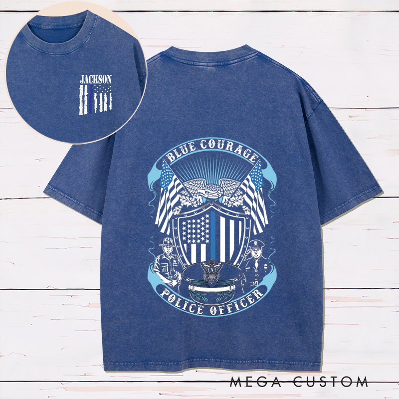 Personalized Blue Courage Police Officer Washed T-Shirt with American Flag and Law Enforcement Gift for Police