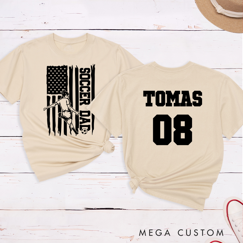Personalized Soccer Dad T-Shirt with Patriotic Flag Design and Custom Name