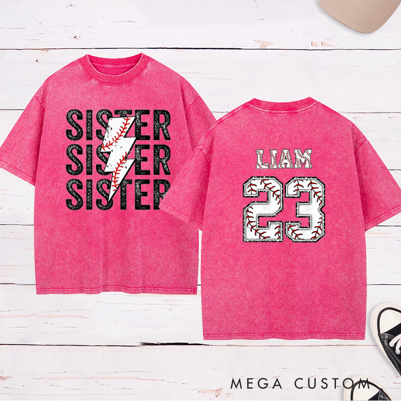 Personalized Baseball Sister Washed T-Shirt with Lightning Stitch Design and Custom Name and Number