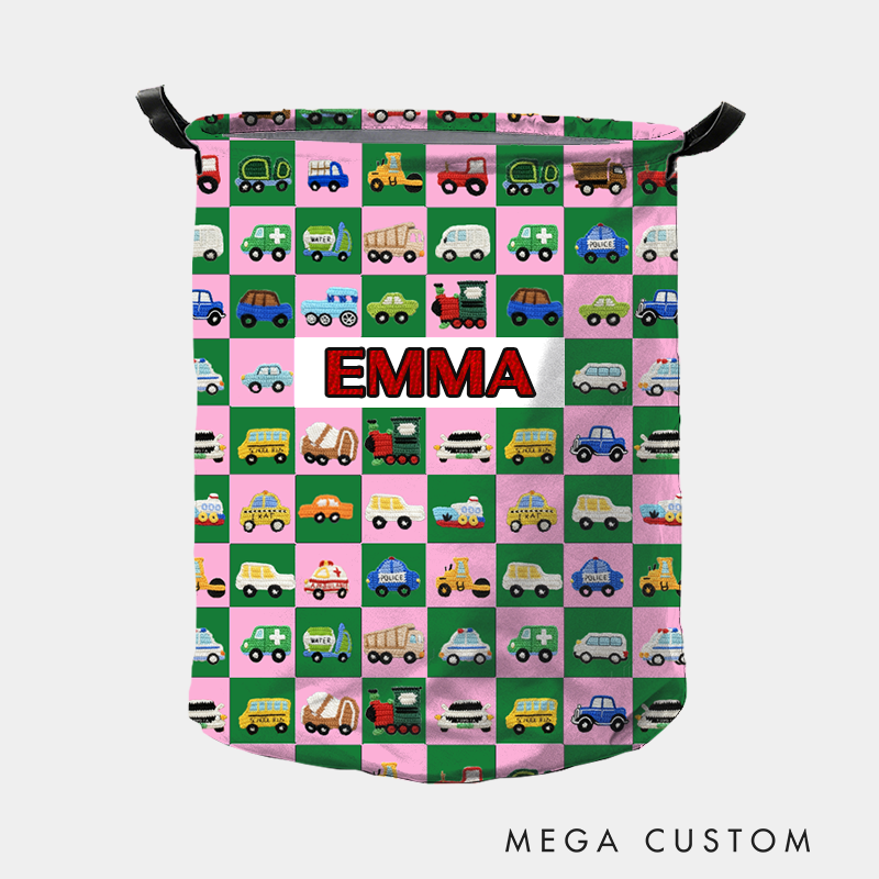 Personalized Cute Car Plaid Print Large Waterproof Laundry Storage Basket with Handle Custom Name Gift for Kids