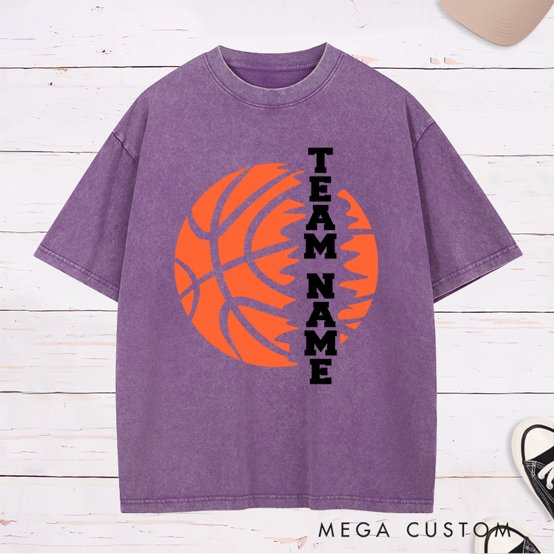 Personalized Washed T-Shirt Design Featuring Custom Team Name with Bold Vertical Text and Dynamic Basketball Graphic