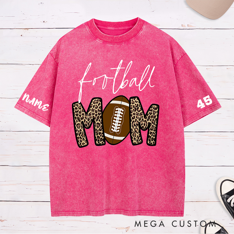 Personalized American Football Mom Washed T-Shirts with Custom Name and Number for Mother's Day