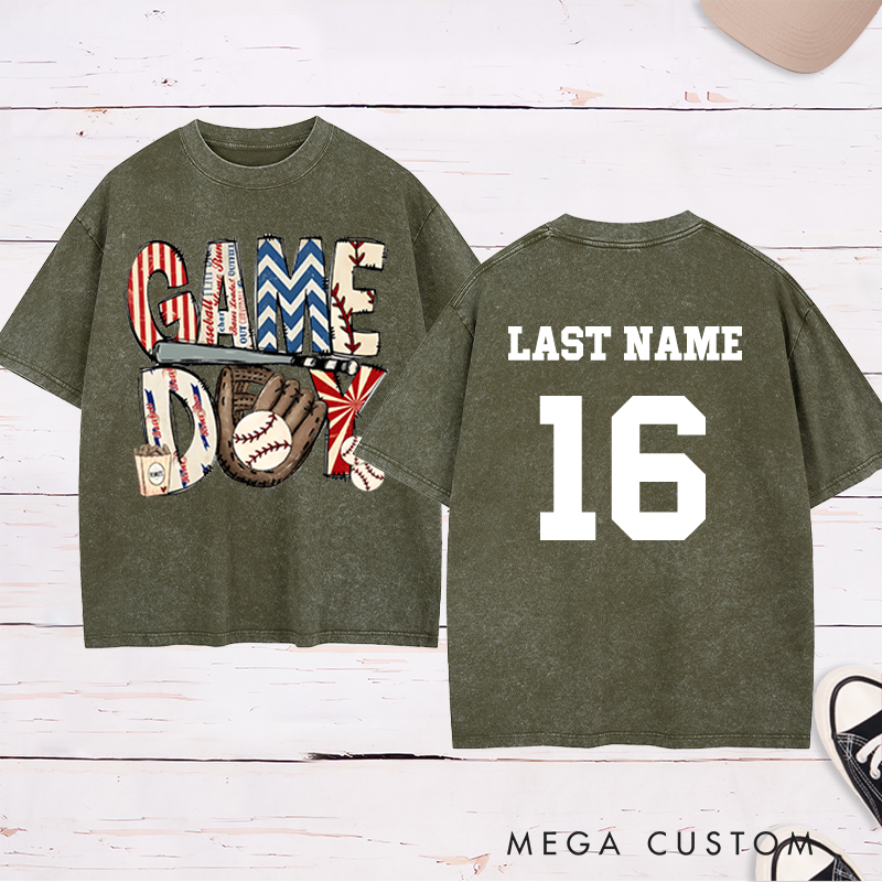 Personalized Patriotic "Game Day" Baseball Washed T-Shirt with Custom Name and Number   