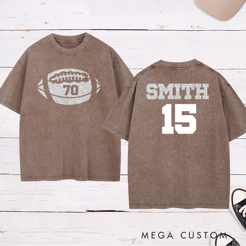 Personalized Glitter American Football and Rugby Washed T-Shirt with Custom Name and Number on the Back