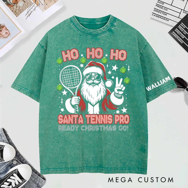 Personalized "Santa Tennis Pro" Christmas Washed T-Shirt with Custom Name