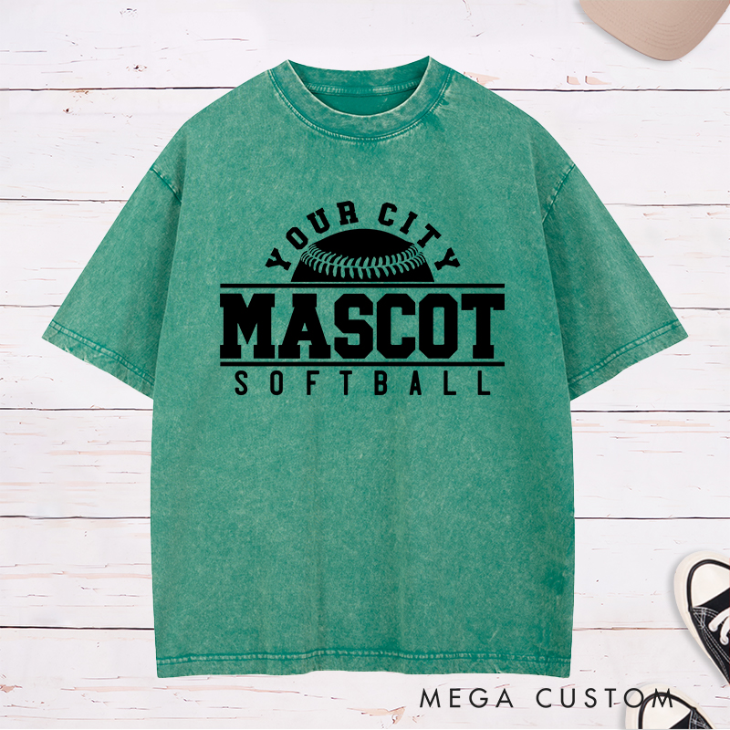 Personalized Softball Team Washed T-Shirt Design Featuring Custom City Name Team Name Bold Typography and Central Softball Graphic