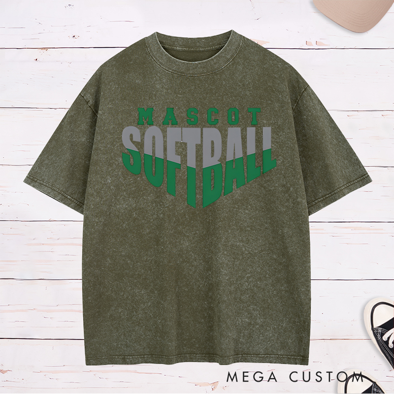 Personalized Softball Washed T-Shirt Design Featuring Custom Team Name Bold Split-Tone Typography Dynamic Angular Layout and Modern Sports Aesthetic
