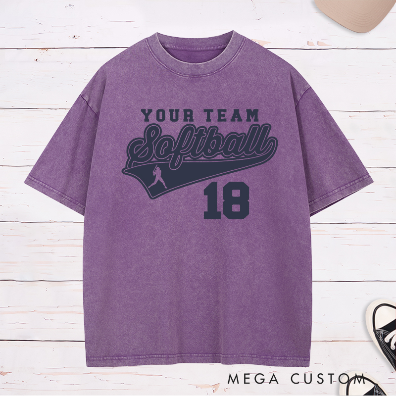 Personalized Softball Team Washed T-Shirt Design Featuring Customizable Team Name Bold Script Softball Text Dynamic Swoosh Element Player Silhouette and Custom Number