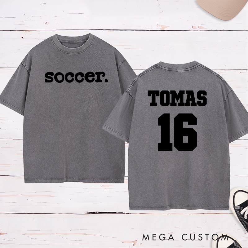 Personalized Minimalist Soccer Washed T-Shirt with Custom Name and Number