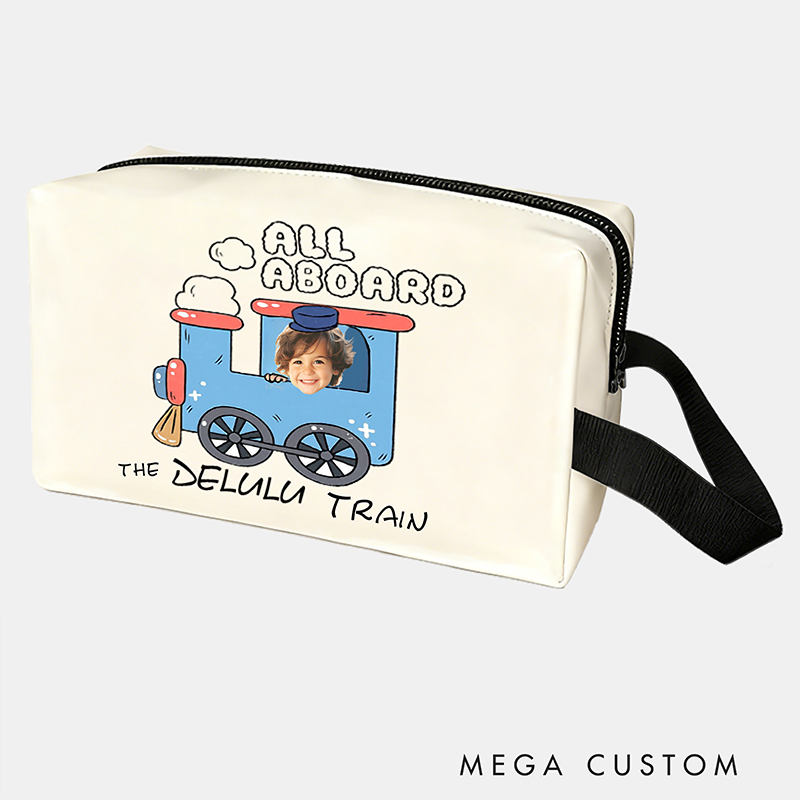 Personalized Cartoon Train Conductor Custom Kids Name and Face Toiletry Bag Design for Kids Travel Gifts and Daily Use