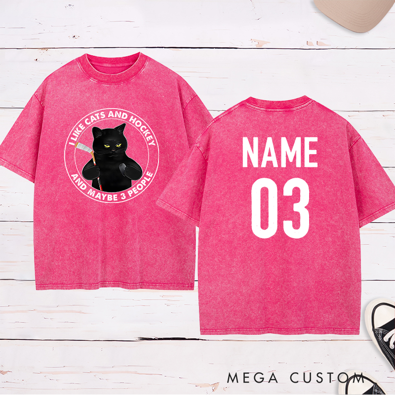Personalized Funny Cat and Hockey Lover Washed T-Shirt with Custom Name and Number