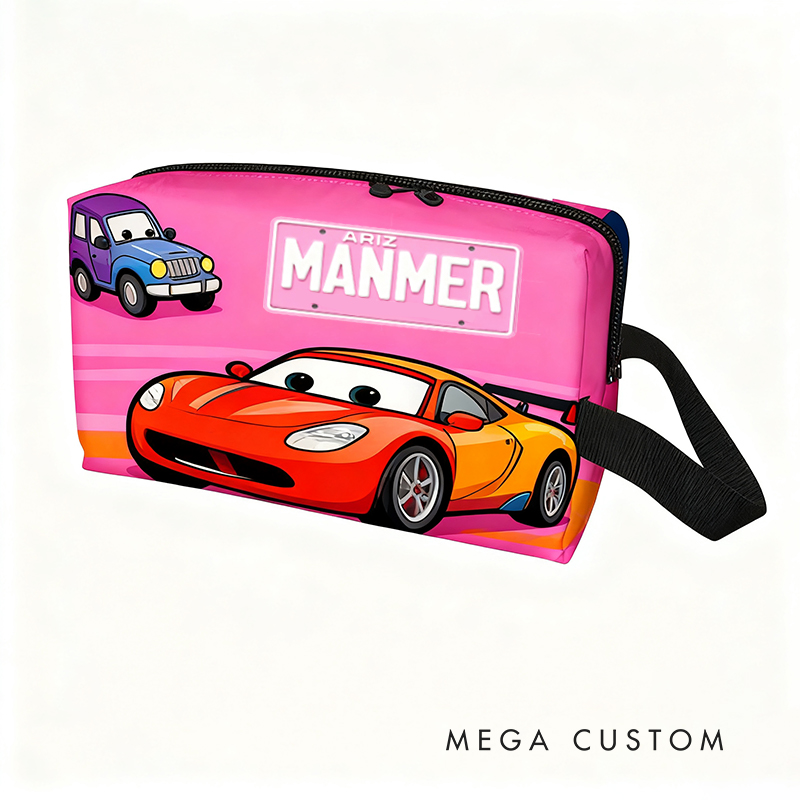 Personalized Cartoon Car Toiletry Bag with Custom Name Gift for Kids Cartoon Collectors
