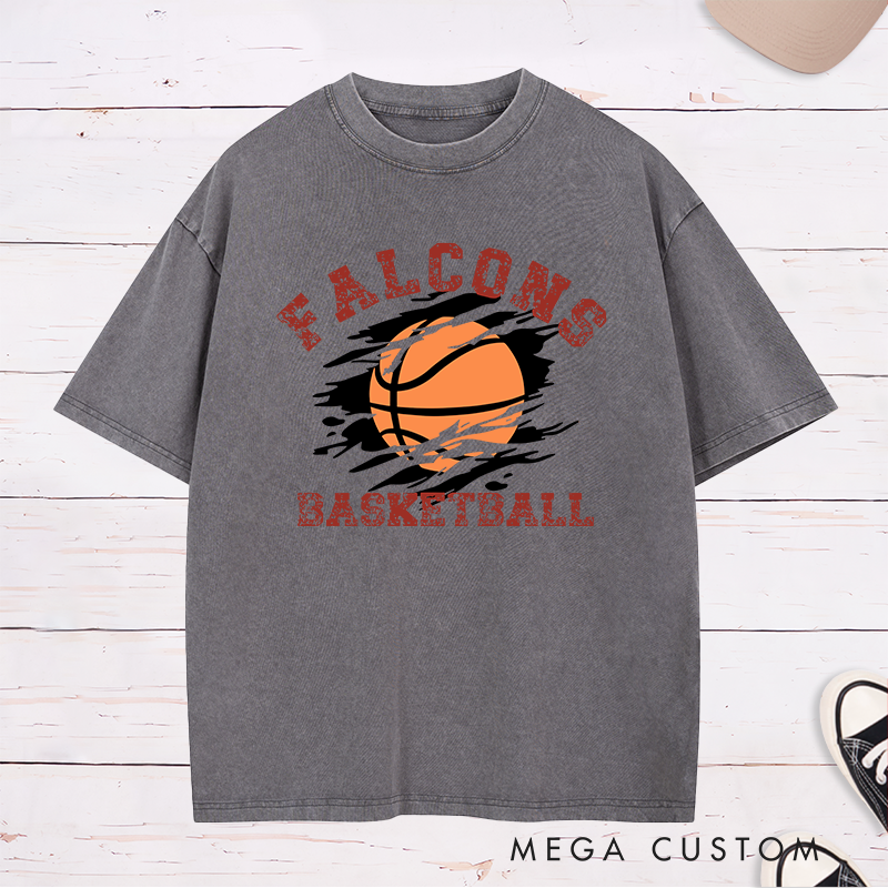 Personalized Washed T-Shirt Design Featuring Distressed Custom Team Name with Dynamic Basketball Graphic and Bold Vintage-Inspired Aesthetic