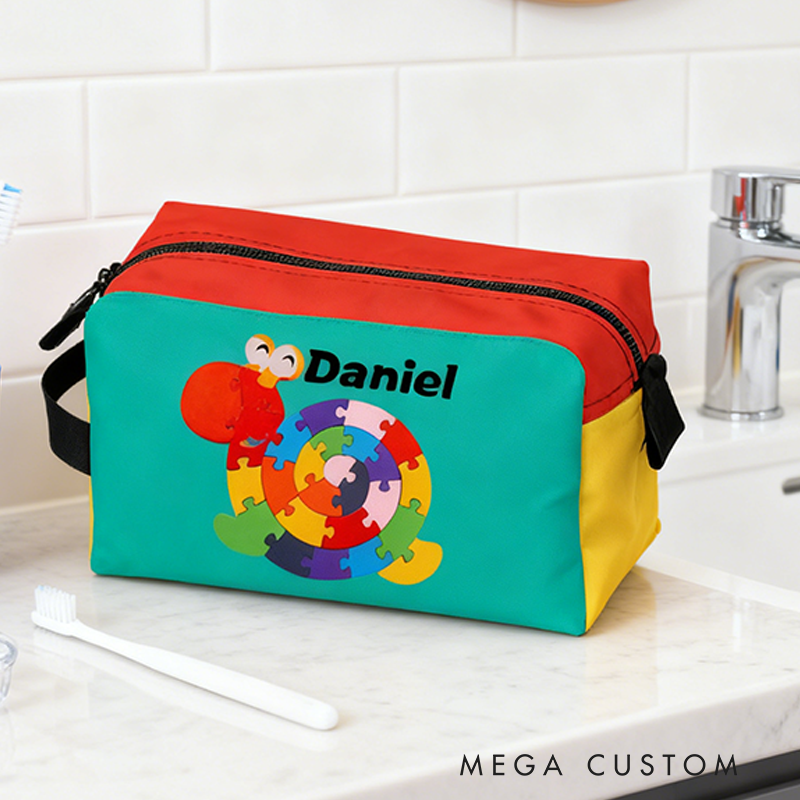 Personalized Cartoon Snail Dinosaur Puzzle Pattern Toiletry Bag Custom Name for Kids Travel Gifts and Daily Use