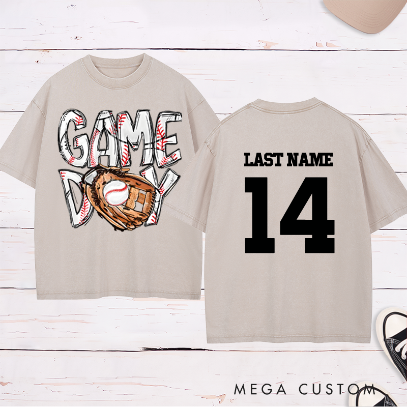 Personalized "Game Day" Baseball Washed T-Shirt with Custom Name and Number 