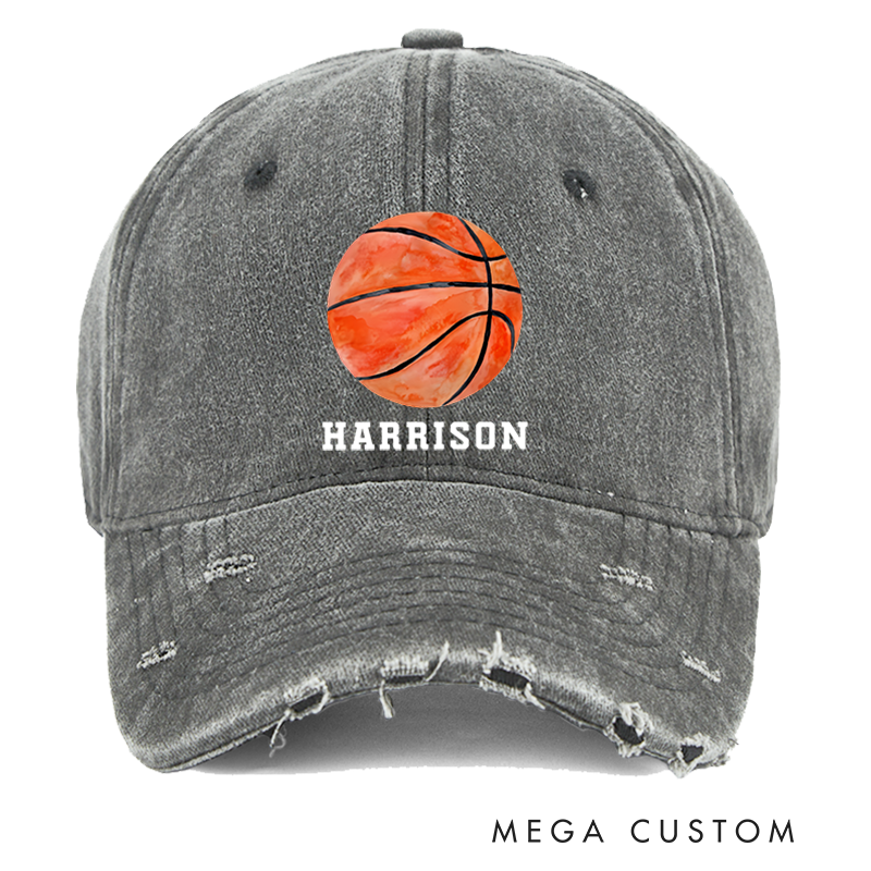 Personalized Distressed Denim Baseball Cap with Custom Name and Basketball Design