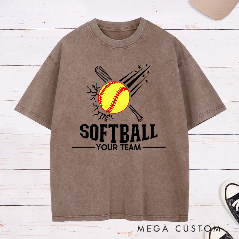 Personalized Softball Team Washed T-Shirt Design Featuring Customizable Team Name Explosive Softball Graphic with Bat and Shooting Star Accents