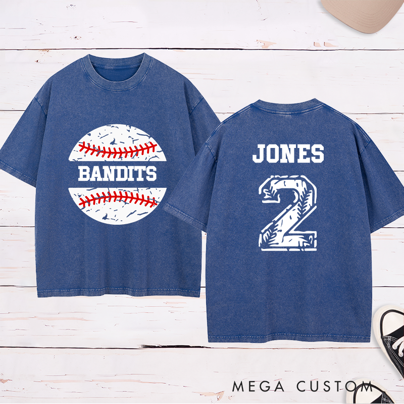 Personalized Baseball Team Washed T-Shirt with Vintage Baseball Design and Custom Name and Number