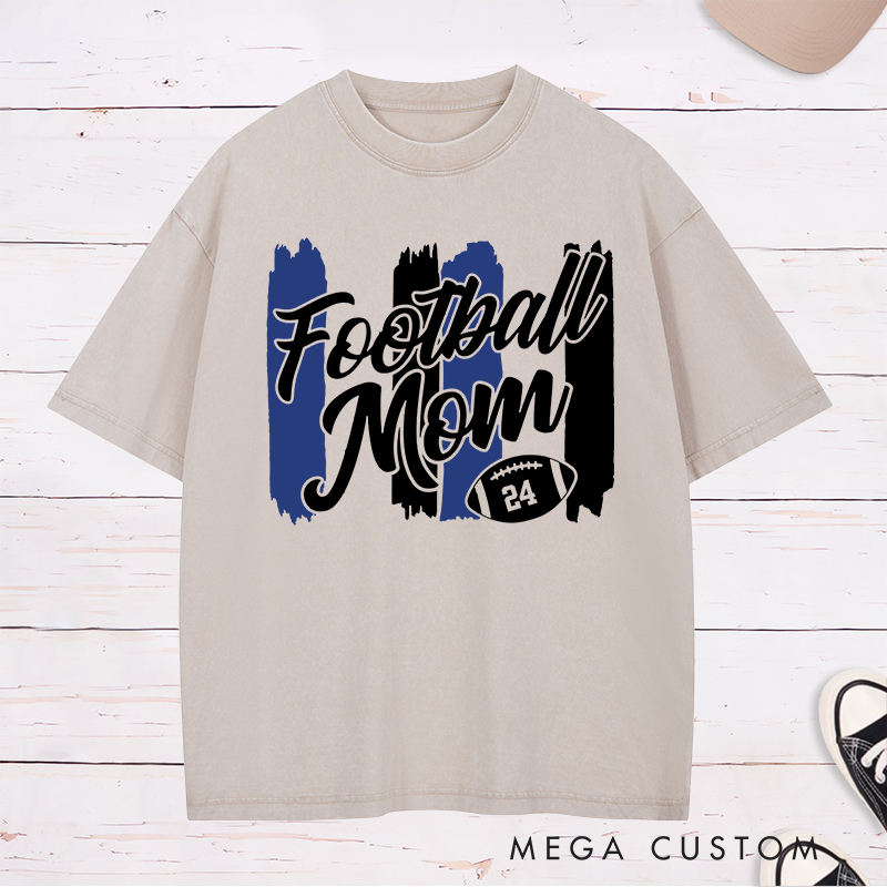 Personalized American Football Mom Washed T-Shirts Featuring Custom Number on the Front