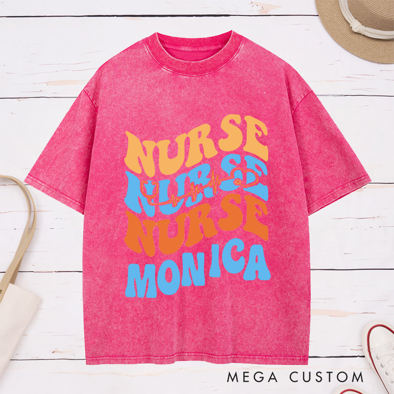 Personalized Nurse Washed T-Shirt Customized Heartbeat Nurse Design Washed T-Shirt 