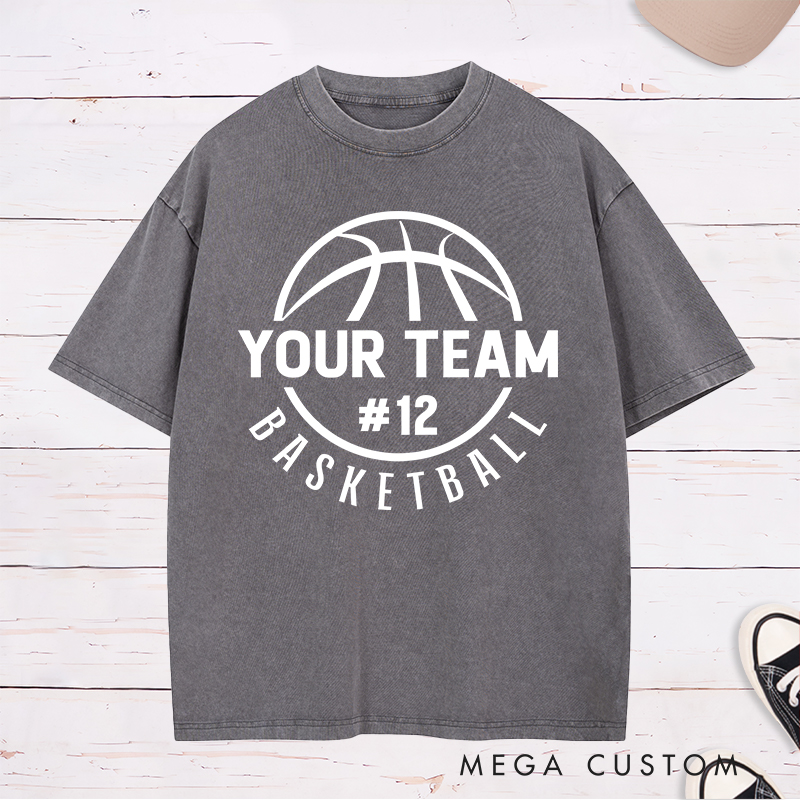 Personalized Washed T-Shirt Design Featuring a Circular Basketball Graphic with Customizable Team Name and Player Number