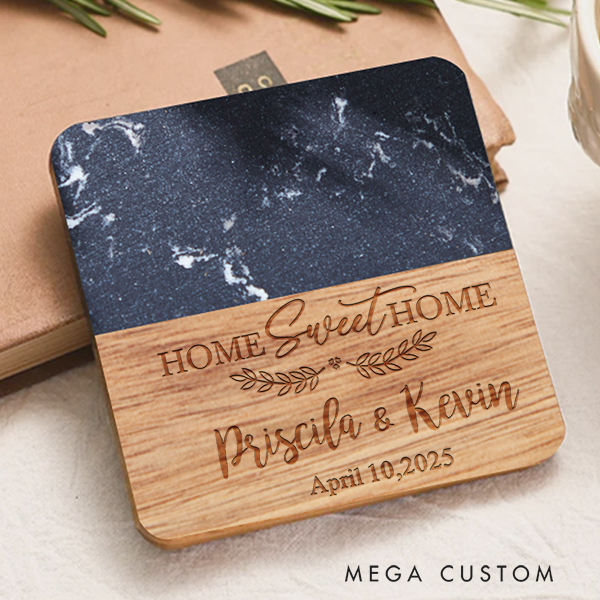 Personalized Coasters Wedding Housewarming Gift Custom Marble And Wood Coaster Leafy Accent Home Sweet Home Coaster Couple Gift New Home Gift