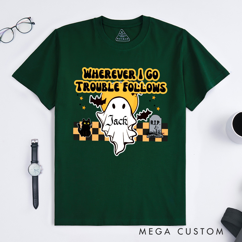 Personalized Where I Go Trouble Follows Hi I Am Trouble Funny Halloween Couple Matching T-Shirt