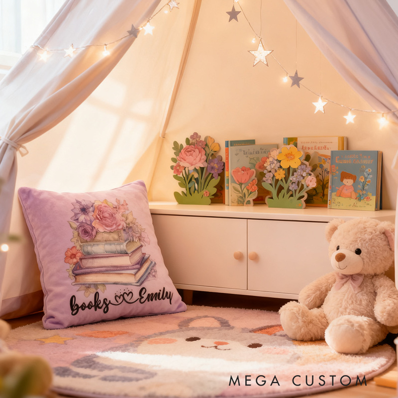 Personalized Flower Books Pillow Christmas Graphic 3D Watercolor Flowers and Books Custom Name Gift for Reading Lovers