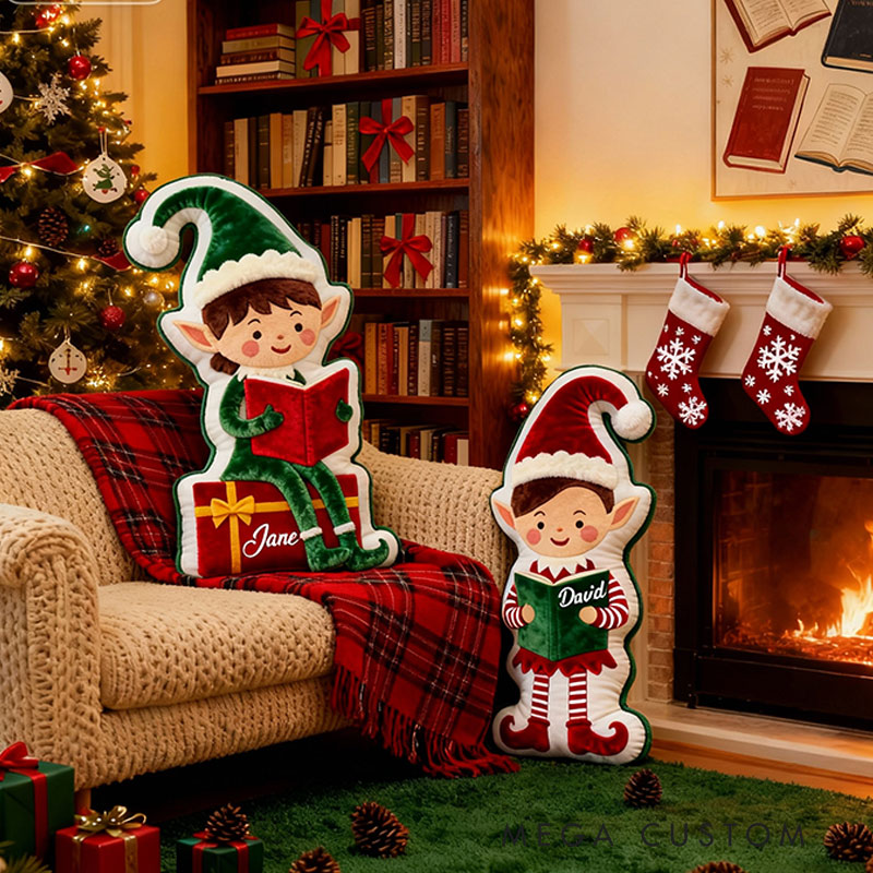 Personalized Christmas Reading Elf Pillow Graphic 3D Print Custom Name Gift for Reading Lovers