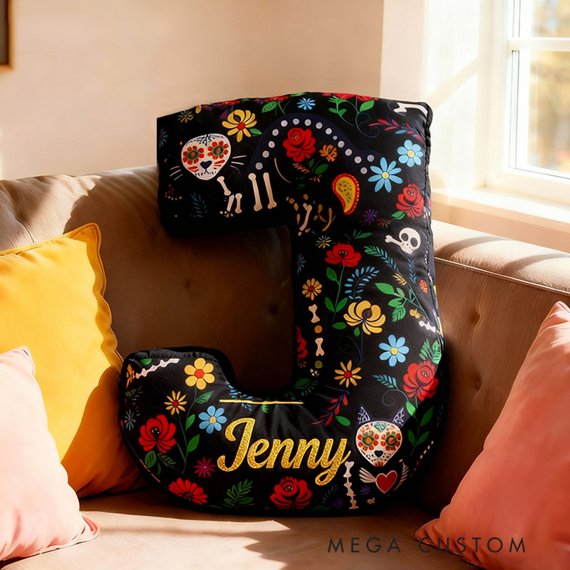 Personalized Funny Pillow Christmas Graphic 3D Print Cempasúchil Cat The Day of the Dead Holiday with Custom Name